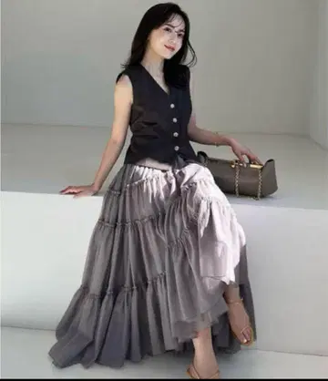 anuans 볼륨 티어드 오간자 스커트 S 사이즈 카키 그레이