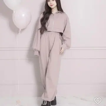 pium 후드 프릴 맨투맨 셋업 핑크