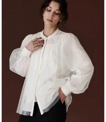 ur's 유어스 밴드 카라 튤 레이어드 셔츠
