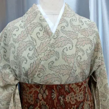코몬 기모노 크림색 오렌지 무늬