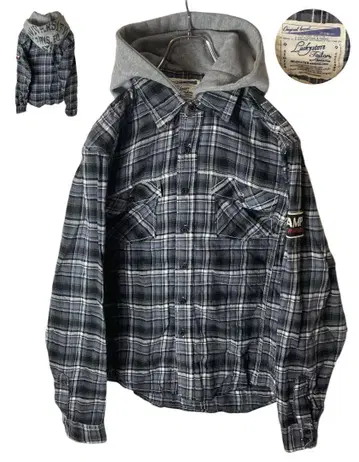 굿 디자인 구제 의류 모노톤 컬러 체크 x 맨투맨 후드 부착 셔츠 자켓