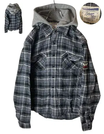 굿 디자인 구제 의류 모노톤 컬러 체크 x 맨투맨 후드 부착 셔츠 자켓