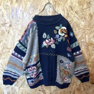 Vintage 레트로 구제 의류 패치워크 꽃무늬 자수 니트 스웨터 네이비