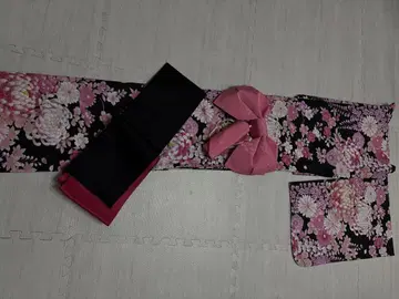 유카타 오비 세트 블랙 베이스 핑크 꽃무늬