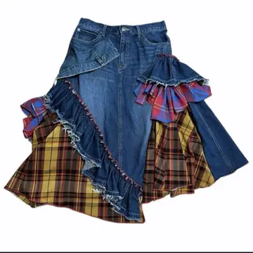 구제 의류 리메이크 denim check fril fril skirt