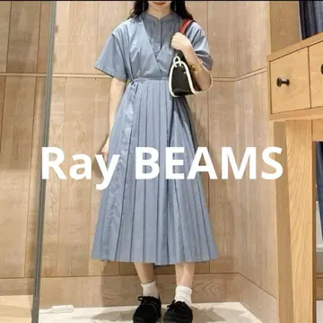 Ray BEAMS 턱 요크 플리츠 원피스 블루 롱 기장 사이즈 F