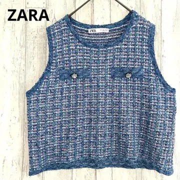 자라 ZARA 라메 니트 베스트 [ L ] 트위드풍 크리스탈 버튼 파랑