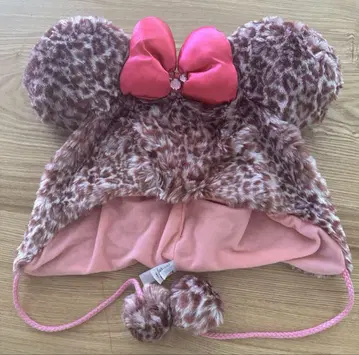 디즈니랜드 시 팬캡 레오파드 표범 무늬 핑크 퍼 모자