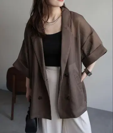 새상품 린넨 터치 하프 슬리브 자켓 / 메쉬 썸머 자켓 모카