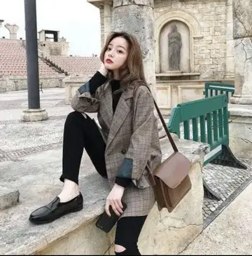 여성용 체크 테일러드 자켓 레트로 베이지 한국