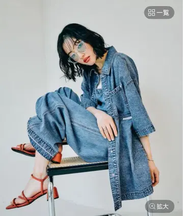 [ 새상품 ] LEPSIM BIG 데님 5부 소매 셔츠 튜닉 케미컬 블루