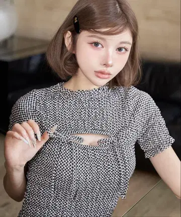 Darich 리본 셔링 깅엄 미니 원피스