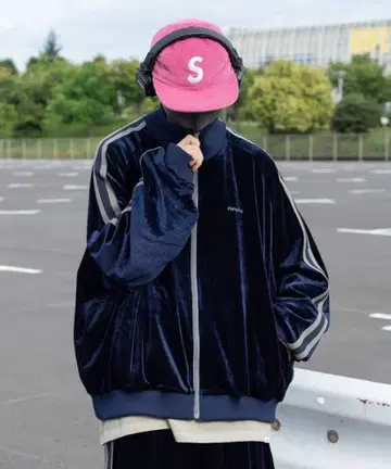 perushu 네이비 벨로아 집업 자켓 셋업