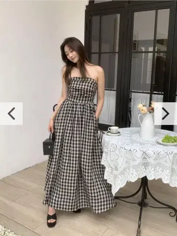 오프숄더 깅엄 체크 캐미 원피스 벌스데이 바쉬