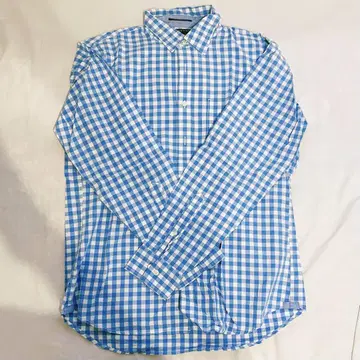 LANDS' END 수피마 코튼 긴팔 셔츠 깅엄 체크 파랑 M 사이즈