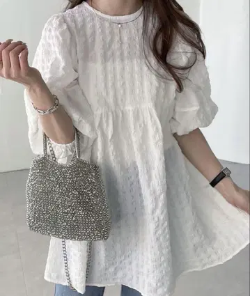 체크 무늬 부풀림 자카드 페플럼 튜닉 마터니티
