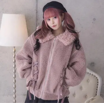 pium 푸들 퍼 칼라 보아 코트 더스티 핑크