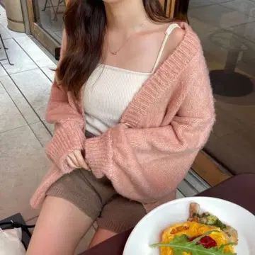 RILI 볼륨 복슬복슬 가디건 피치 핑크