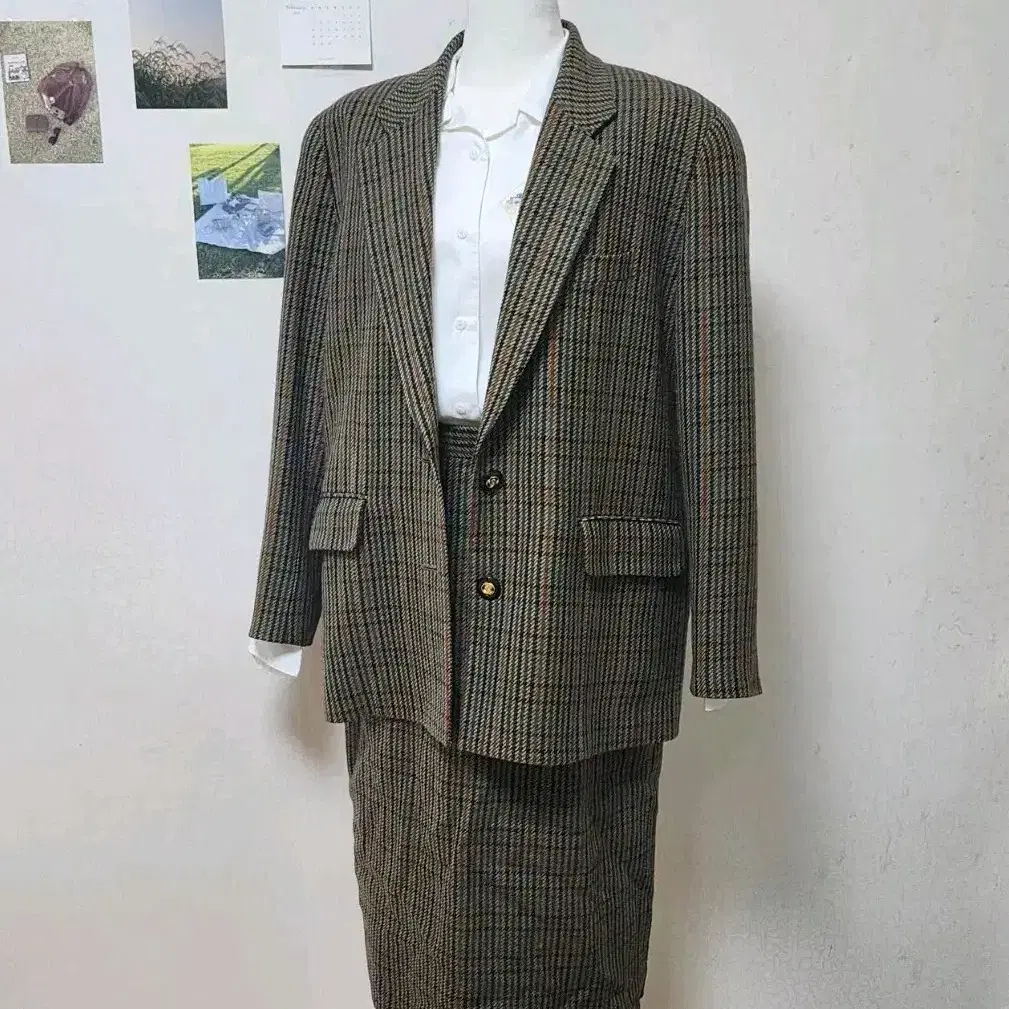 Japan Vintage Khaki Check Wool Outer Jacket Coat Skirt Set Women