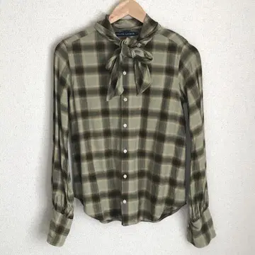 랄프 로렌 올리브 그린 체크 무늬 긴팔 셔츠 보타이