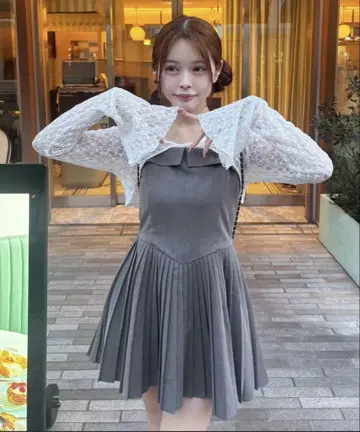 상의 세트 플리츠 미니 원피스 그레이