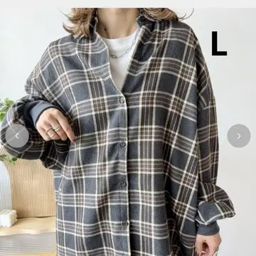 새상품 소매 리브 체크 셔츠 L (mayo) 그레이 시마무라