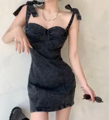 숄더 리본 코르셋 데님 미니 원피스