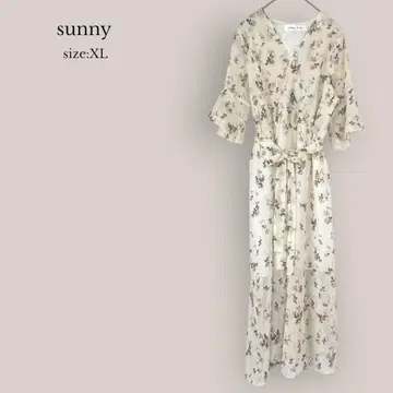 [ sunny ] 플레어 원피스 꽃무늬 5부 소매 시어 리본 아이보리