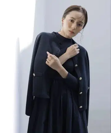 anuans 오리지널 버튼 노카라 니트 자켓 네이비