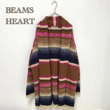 빔즈 롱 가디건 멀티 보더 숄카라 울 혼방