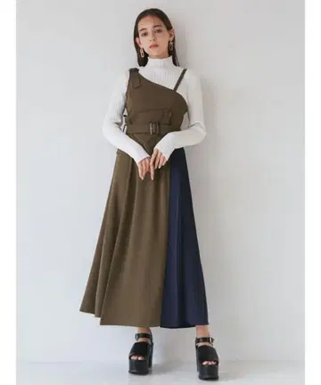 MURUA 아지메 플리츠 오버롤 스커트 카키 에모다 앵글릿