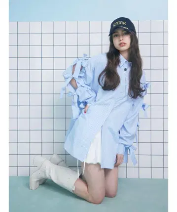 jouetie 리본 슬리브 BIG 스트라이프 셔츠