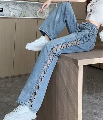 사이드 레이스업 데님 스트레이트 팬츠 S