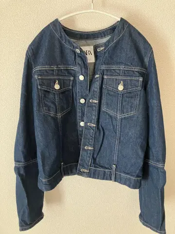 ZARA 노카라 숏 기장 다크 네이비 크롭 데님 자켓