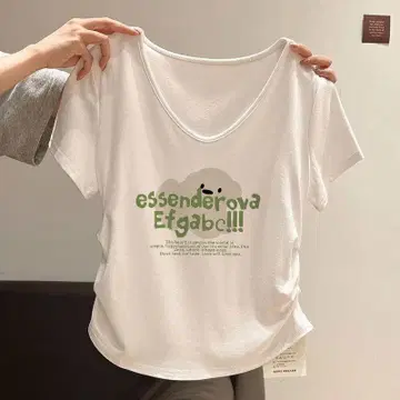 화이트 V넥 T셔츠 사이드 개더 포함