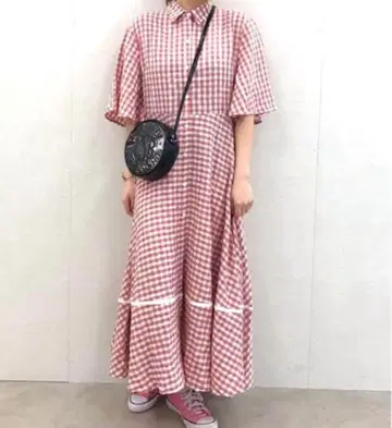 시스터 제인 깅엄 체크 롱 원피스 반팔 핑크