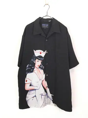 00s Bettie Page 모델 간호사 치카노 셔츠 반팔 XL