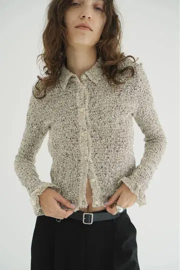 CLANE MIX MESH GATHER SHIRT 아이보리 1번