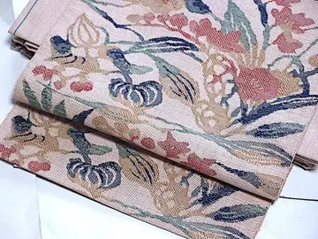 츠무기 나고야 오비 (초화문) 순수 실크 새상품급