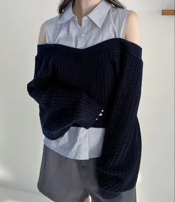 Heather 오프숄더 레이어드 니트 네이비