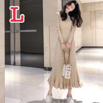 롱 리브 니트 원피스 [ L ] 프릴 밑단 종아리 기장 니트 아이보리 c