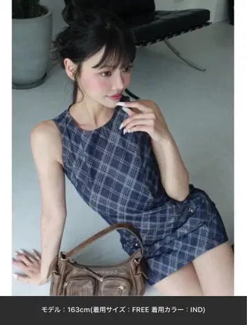 다리치 바이어스 체크 데님 미니 원피스