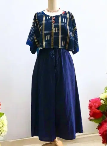 네이비 나염 빈티지 원단 상의 + 면 와이드 팬츠