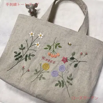 로즈 가든 손자수 토트백 와셔 가공 하프 린넨 핸드메이드