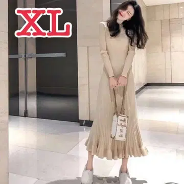 롱 리브 니트 원피스 [ XL ] 프릴 밑단 종아리 기장 니트 아이보리c