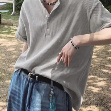 [ NOWLE ] 릴랙스 와플 헨리넥 반팔 T셔츠 라이트 그레이