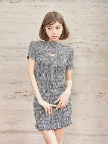 Darich 리본 셔링 깅엄 미니 원피스