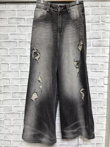 PEOPLESTYLE 데님 배기 팬츠 와이드 팬츠 데미지 진