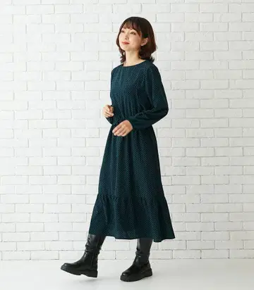 모하우스 티어드 원피스 다크 그린 기하학 패턴