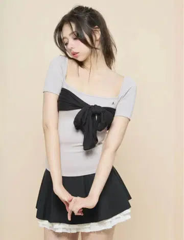 낸시 리본 탑스 핑크 베이지 F